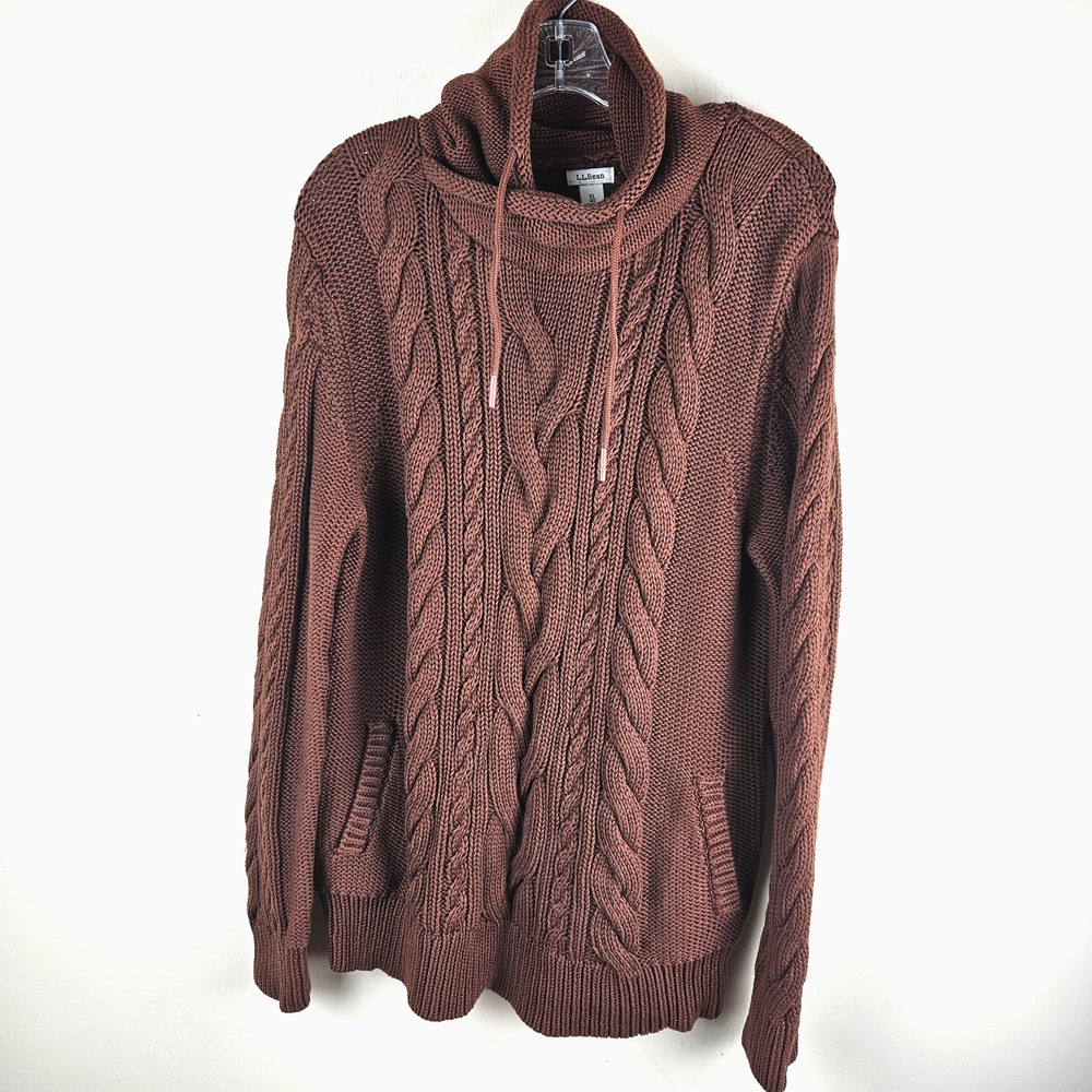 LL BEAN Fisherman Cable Knit Sweater XL Cowl Funnel Neck brown pockets